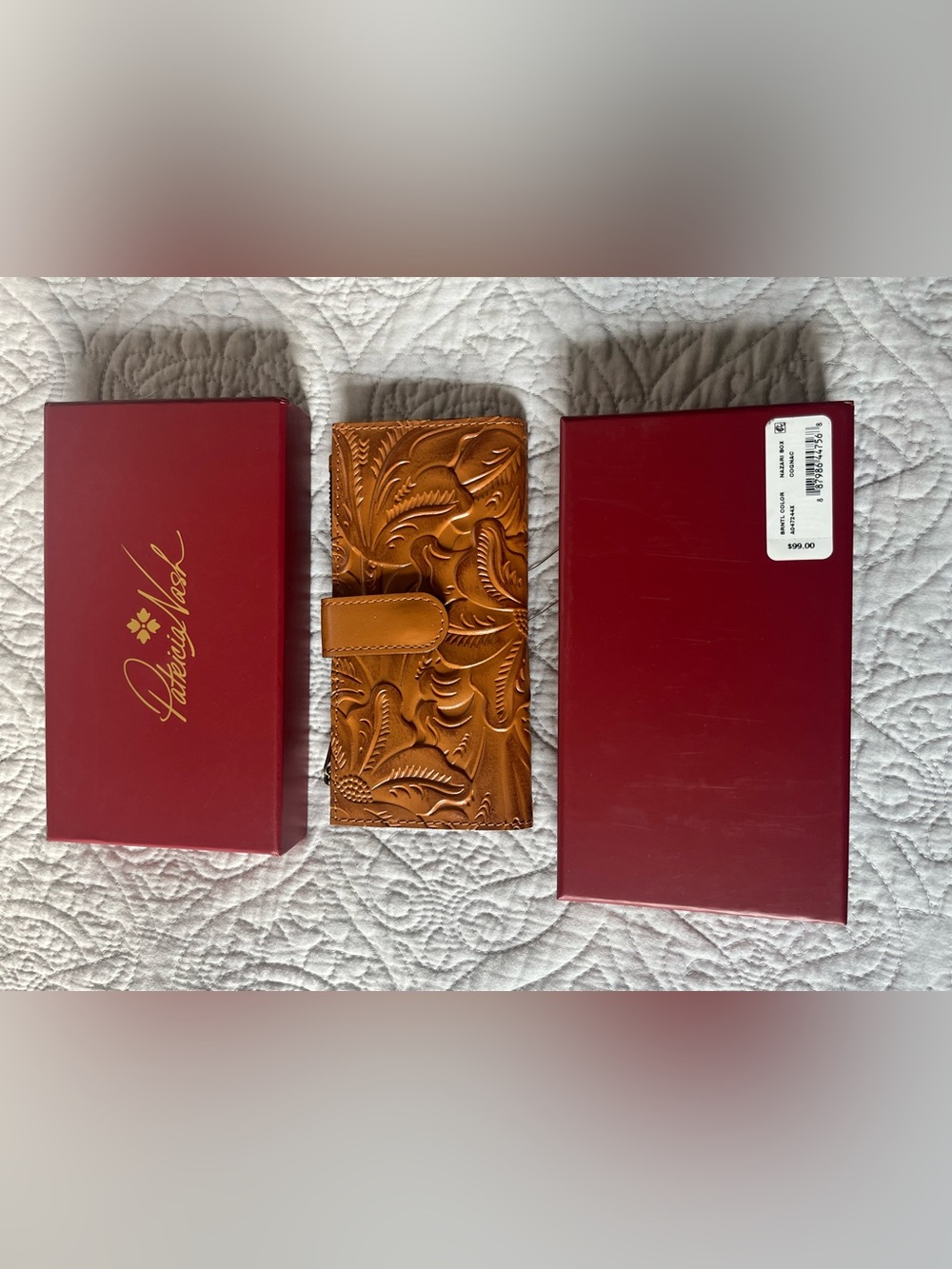 Patricia Nash NWT NAZARI Bifold Wallet in Cognac Color Full Grain Tooled Leather - Picture 9 of 12
